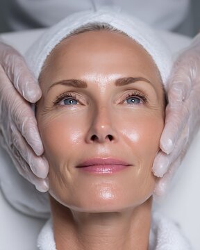 Middle-aged woman receiving cool facial therapy in a sterile aesthetic clinic. Skin appears relaxed, firm, and well-cared for.
