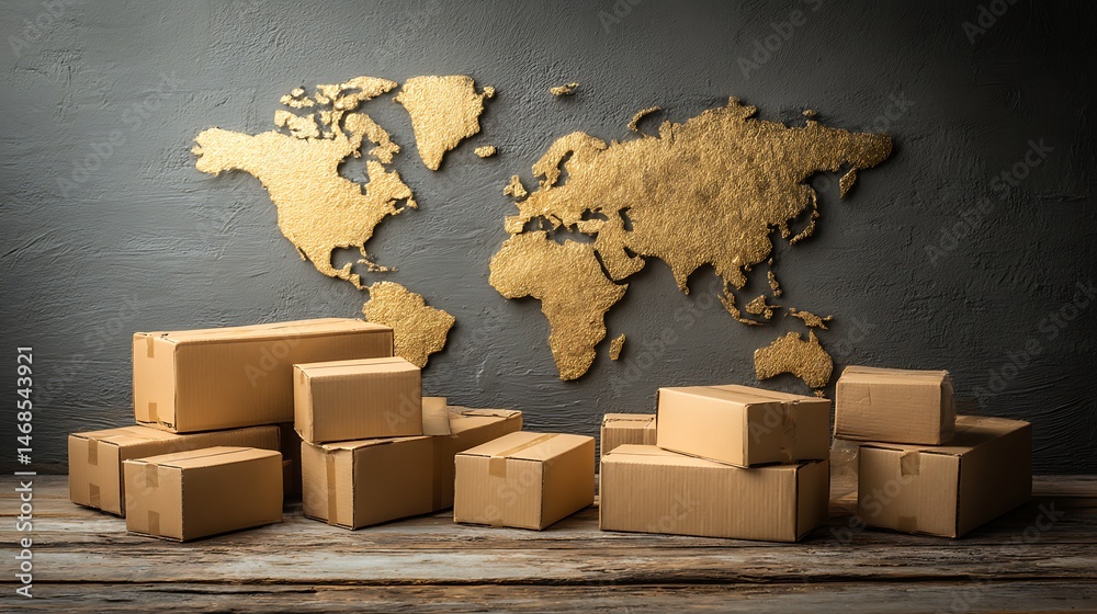 Aufkleber global logistics and shipping concept with golden world map and cardboard boxes on table