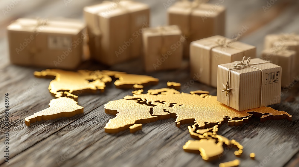 Poster global logistics and shipping concept with golden world map and cardboard boxes on table
