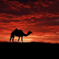 Camel journey at sunset desert landscape nature photography serene environment silhouette view adventure concept