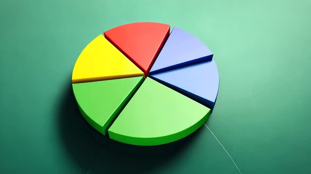A vibrant 3D pie chart with five colorful, separated segments&mdash;orange, yellow, green, light pink, and dark pink&mdash;on a teal background