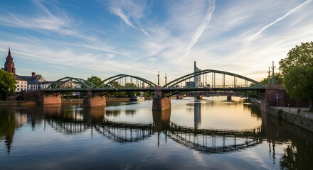 Fototapeta premium Bridge Over River with City Skyline and Blue Sky