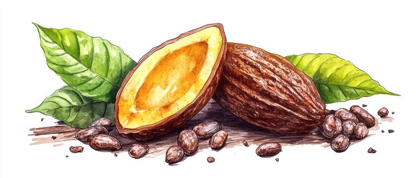 Hand-drawn illustration of cocoa pods and beans.