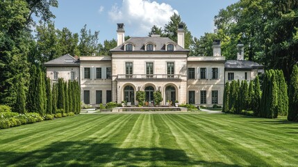 Obraz premium A large luxurious mansion sits in a lush green grassy landscape