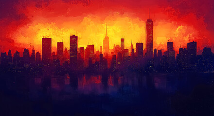 Fototapeta premium Vibrant city skyline silhouette background ultra realistic depiction of urban towers bathed in neon glow, their dark outlines etched against a fiery sunset gradient bleeding into twilight hues backgro