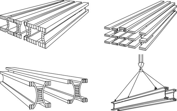 Construction elements and steel beams depicted in an architectural illustration with black outline