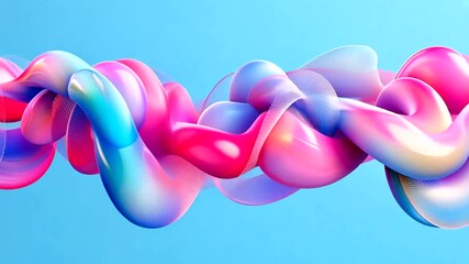 Glossy, intertwined tubular forms flow with vibrant pink, blue, and purple gradients, accented by sheer mesh textures, against a serene sky blue - Powered by Adobe