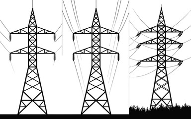 Three stylized black and white illustrations of electricity pylons transmitting high voltage power lines.