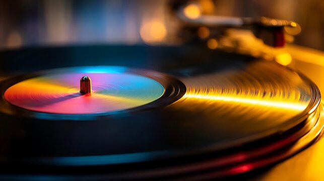 Vibrant vinyl record with rainbow sound waves, evoking the universal joy of music on World Music Day