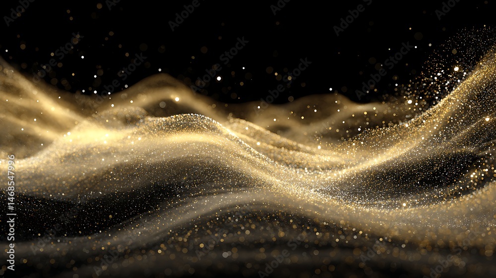 Poster golden dust swirls magically in the air against a black background, creating a festive and enchantin