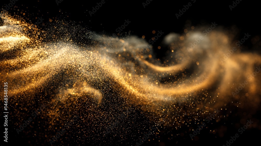Poster golden dust swirls magically in the air against a black background, creating a festive and enchantin