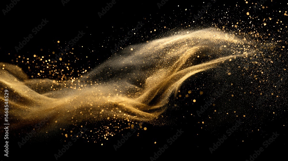 Poster golden dust swirls magically in the air against a black background, creating a festive and enchantin