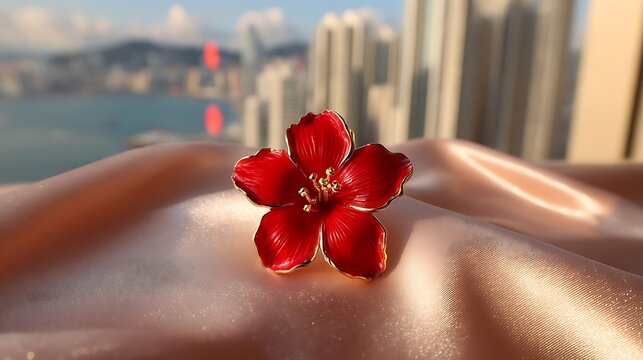 Close-up of a red bauhinia brooch on silk, golden light on petals, festive city backdrop - celebrating Hong Kong's establishment day with elegance.