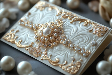 Obraz premium White and gold wedding card adorned with pearls.