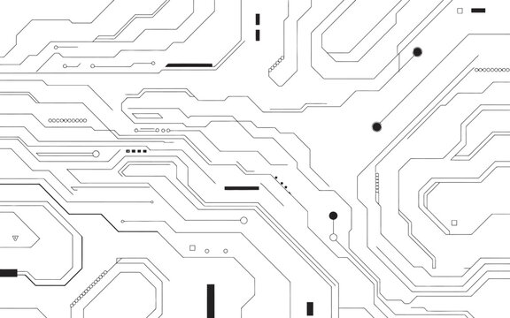 Abstract futuristic circuit board pattern with digital technology elements in a clean white background