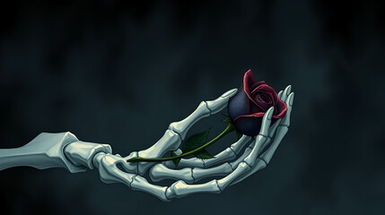 A bony hand tenderly cups a solitary, dark-hued rose, the whispers of forgotten memories lingering between the skeletal. Eclipsed Memory. Illustration