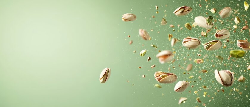 Pistachio nuts flying in the air against a muted background.