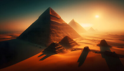 The great pyramids of Giza at sunrise. Generative AI