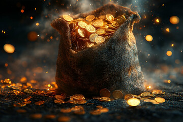 A treasure bag overflowing with golden coins in a dramatic setting.