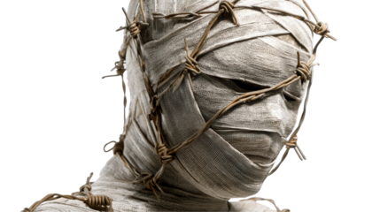 Mysterious wrapped figure in ancient burial style. transparent background