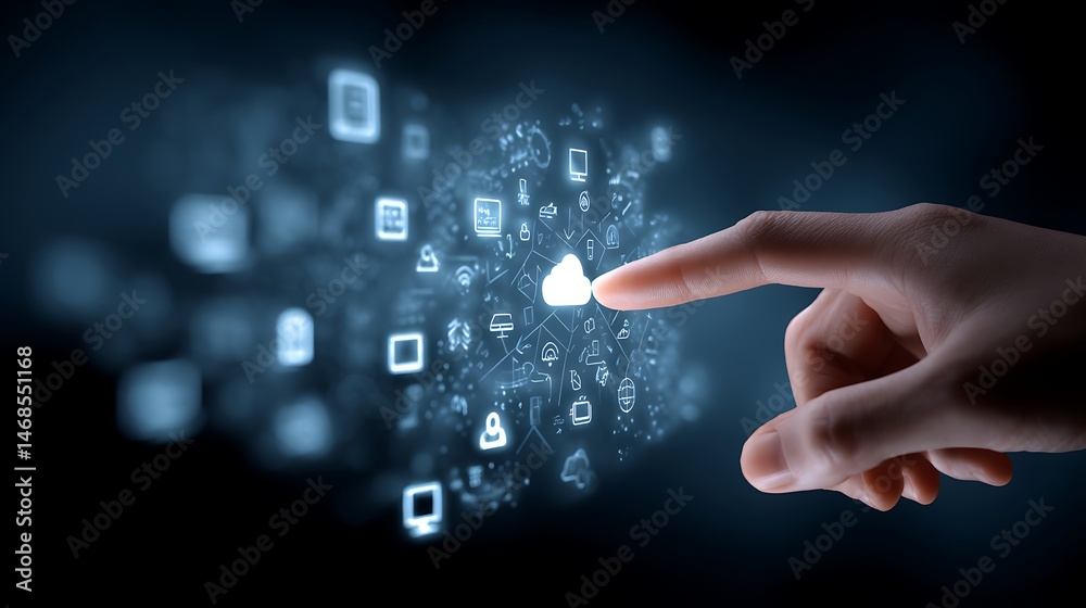 Aufkleber Hand touching a digital screen with icons of technology and online network connection, cloud storage, or security system on a dark blue background