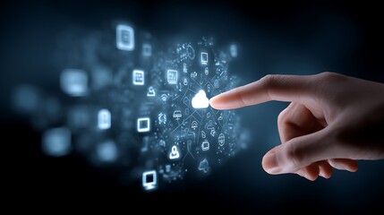 Hand touching a digital screen with icons of technology and online network connection, cloud storage, or security system on a dark blue background
