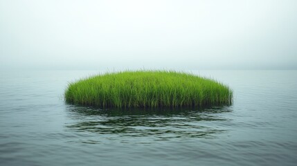 Small grassy islet in misty water