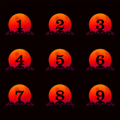 Naklejka premium a collection of numbers 1-9 with a red moon