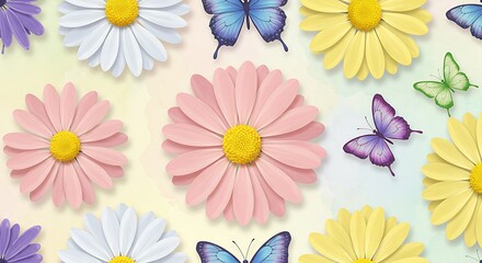 Pastel Daisies and Butterflies Spring Pattern