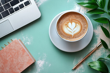 Coffee cup beside open laptop on desk.