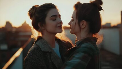 Lesbian couple embracing at sunset rooftop love and romance relationship goals lgbtqia plus community support