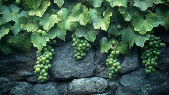 Lush green grapes clinging to a weathered stone wall.
