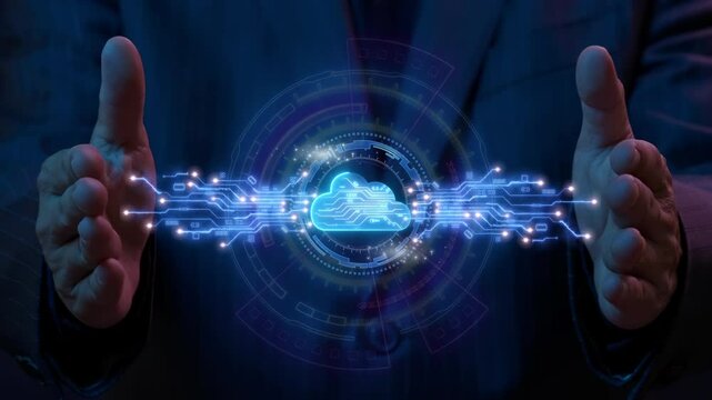 Cloud technology concept for data management system, online database storage, networking and internet service. Information system for business. Businessman shows cloud computing icon on virtual screen