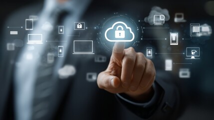 Businessman touching cloud security icon on virtual screen interface