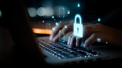 Cybersecurity professional typing on laptop with digital lock overlayed