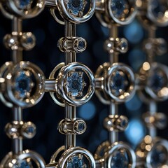 Close-up of Gold Metallic Grid with Faceted Blue Gemstones