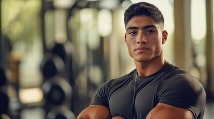 Young muscular man posing confidently in a fitness center with weights in the background, showcasing strength and determination in a vibrant gym environment