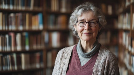 Senior woman with glasses smiling warmly in a cozy library filled with books, showcasing a love for reading and wisdom in a serene environment