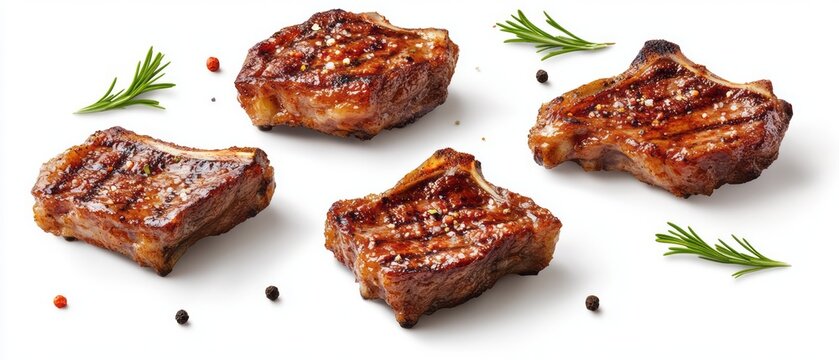 Four pieces of grilled lamb chops on a white background.