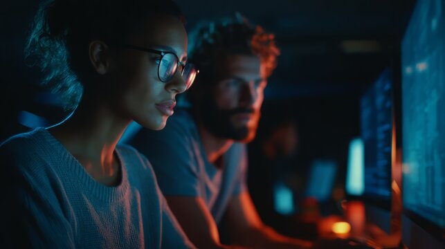 Focused diverse team coding in dark office late at night collaboration