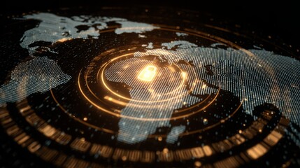 Global cybersecurity concept world map with a glowing lock icon center