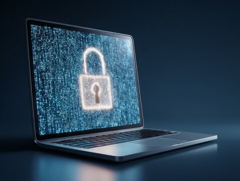 Laptop security concept digital binary code with padlock illustration