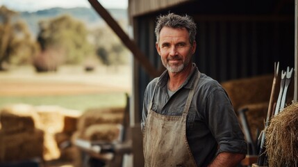 Mature man with gray hair wearing an apron stands in a rustic barn surrounded by hay, tools, and scenic countryside in a lifestyle farming setting