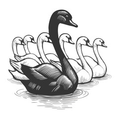 black swan surrounded by white swans, representing an outlier, rarity, or unexpected disruptive force sketch