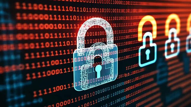 Digital padlock graphic against binary code