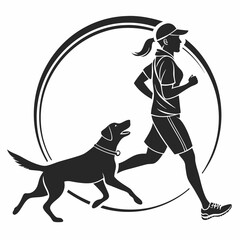 vector icon of a person jogging with a dog, black silhouette, white background, simple and modern design