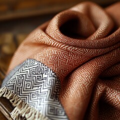 Obraz premium Close-Up of Orange Geometric Patterned Scarf on Wooden Surface