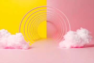 3d render, abstract minimal background with white clouds flying out the tunnel