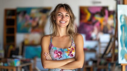 Smiling Woman in Colorful Dress Standing in Art Studio Surrounded by Paintings and Art Supplies, Radiating Creativity and Inspiration