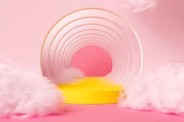 3d render, abstract minimal background with white clouds flying out the tunnel